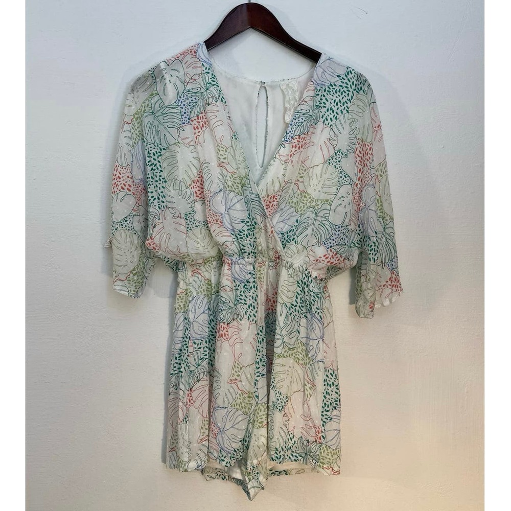 NWOT Sadie & Sage Sz Med Romper White w Botanical Monstera Embroidary